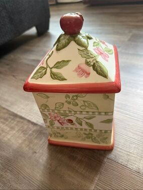 Botanical Ceramic Canister with Red Accent and Apple Finial